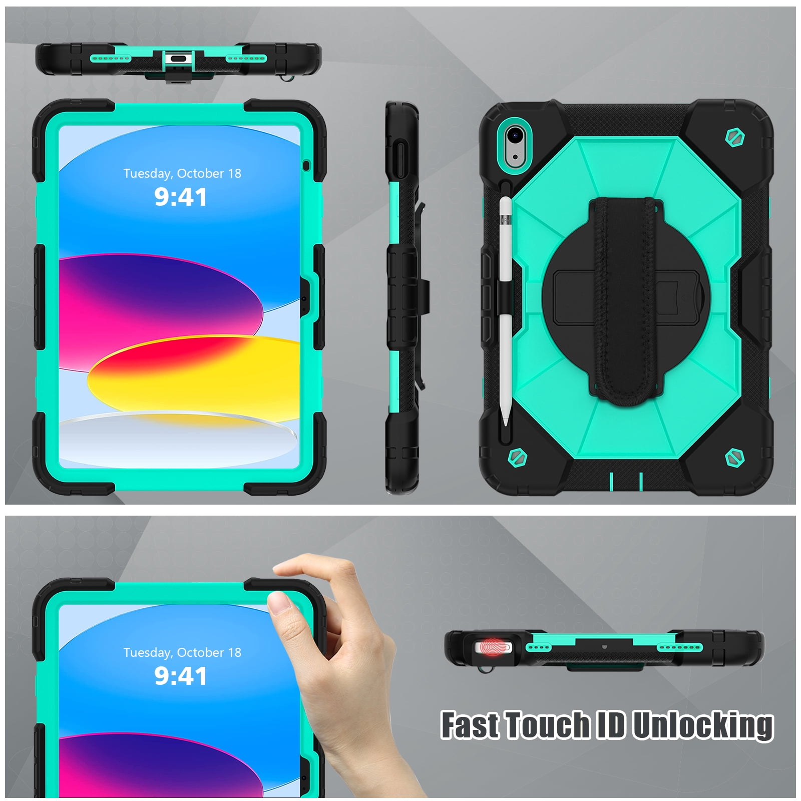 ELEHOLD Rugged Hybrid Case for iPad 11th Gen (A16) 2025 11-inch,with Built-in Kickstand 360° Rotating Handstrap Pencil Holder Crossbody Shoulder Strap Shockproof Heavy Duty Case,Black/Mint