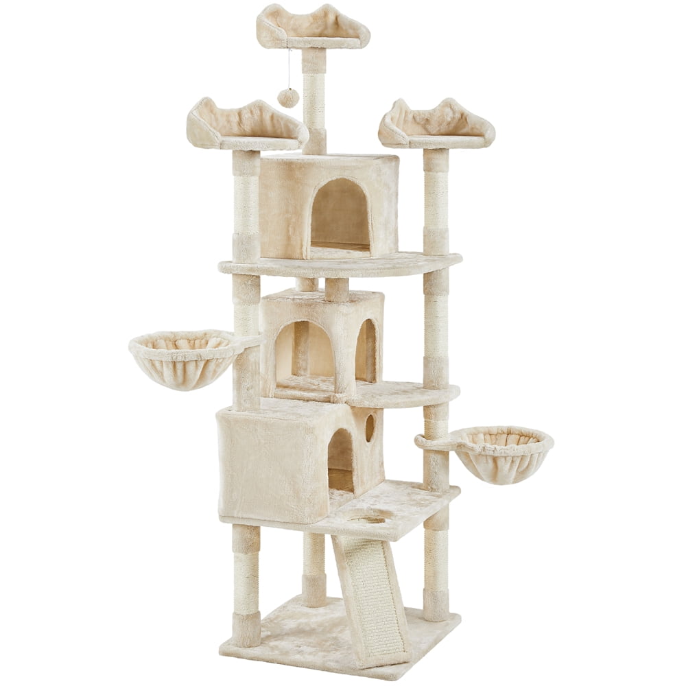 Alden Design 76.5" H Large Cat Tree Tower with 3 Condos Cozy Perches Dangling Ball, Beige