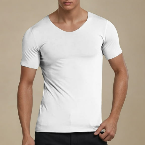 Workout Shirts For Men Slim Fit Solid Color Crew Neck Short Sleeve Athletic Shirts Comfy 2026 Spring Summer Fall Blouses Pullover Outfits White XXL