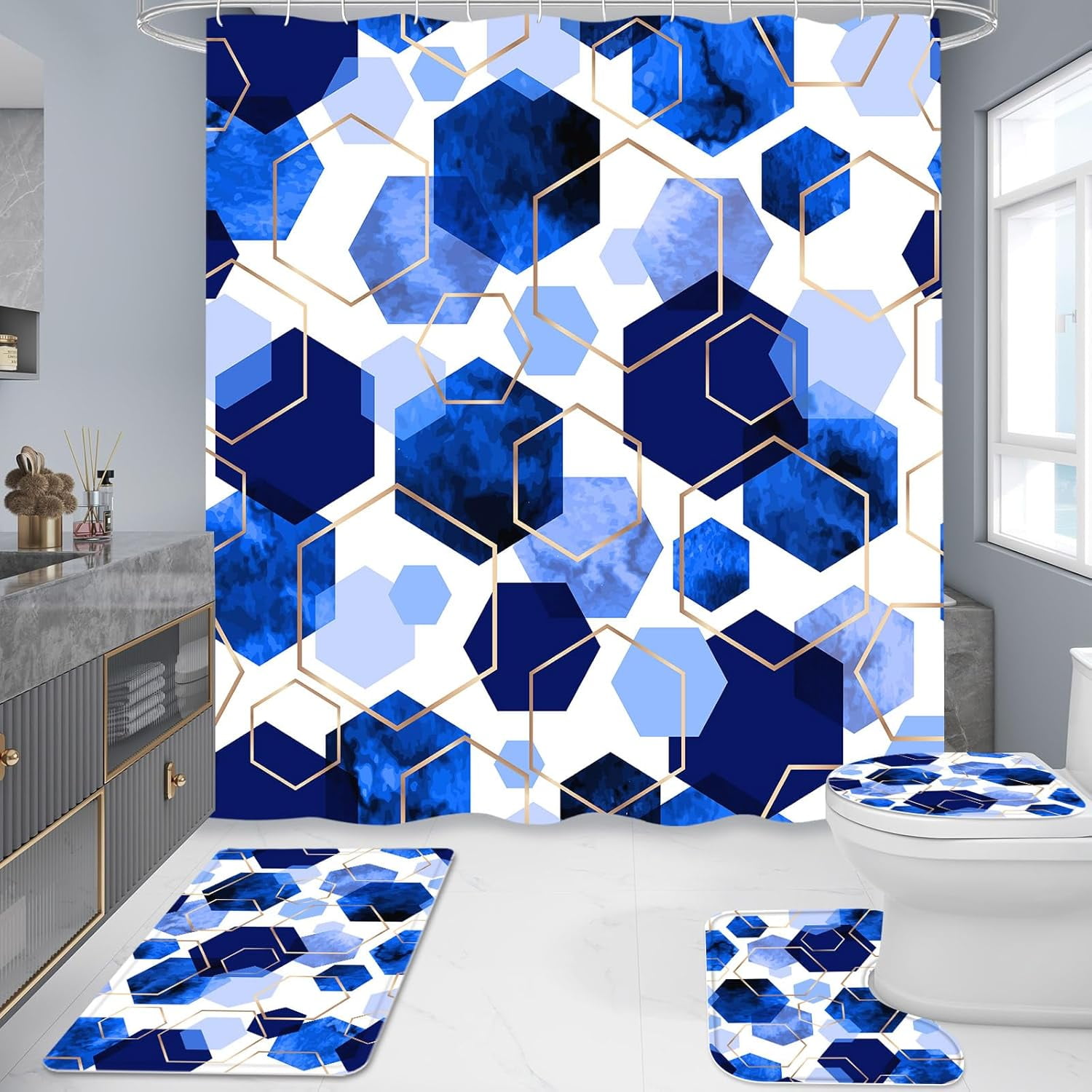 4 Pcs Royal Blue Modern Geometric Shower Curtain Set with Non-Slip Rugs, Toilet Lid Cover and Bath Mat, Abstract Bathroom Decor Set with Shower Curtain and Rugs