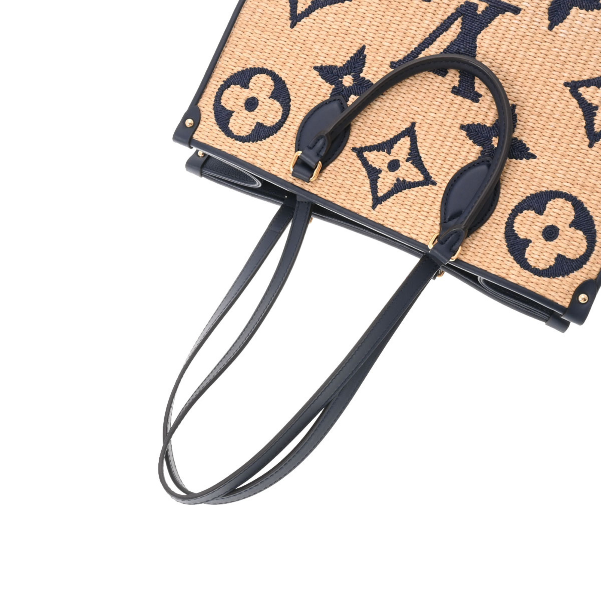 used Pre-owned Louis Vuitton Louis Vuitton Monogram on The Go mm Blue M57723 Ladies Raffia Tote Bag (Good), Adult Unisex, Size: (HxWxD): 26cm x 34cm x