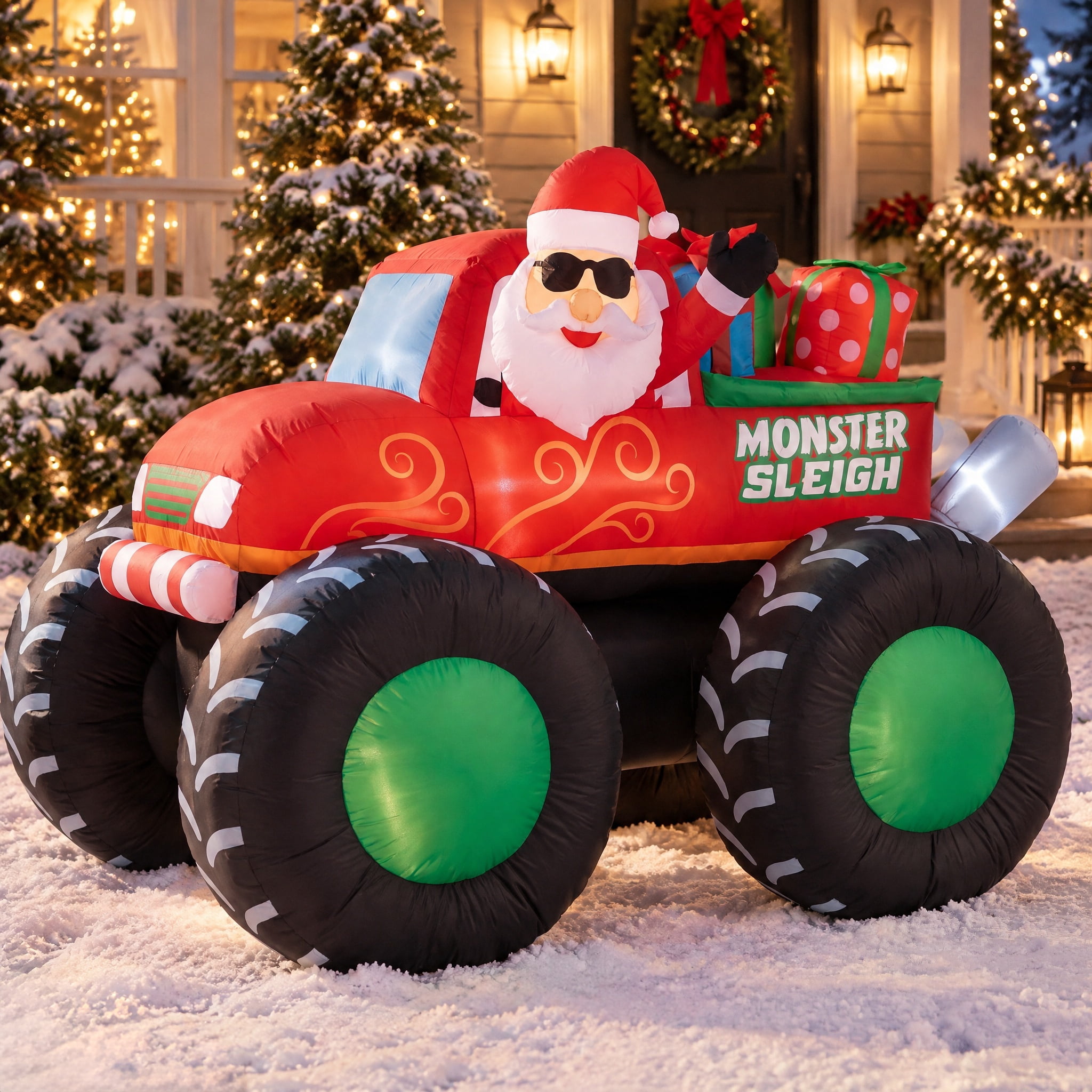 Multicolor Santa Monster Truck Sleigh Christmas Airblown Yard Inflatable, 6', by Holiday Time