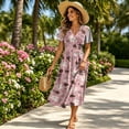 thumbnail image 4 of Summer Dresses for Women 2026 Short Sleeve Wrap V-Neck Modest Dresses Elastic High Waist A-Line Casual Party Work Dress, 4 of 7