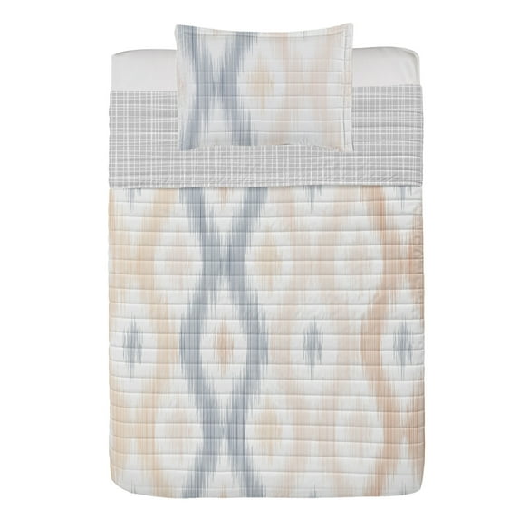 Contemporary Reversible Bedspread Set, Sketchy Hand Drawn Abstract Chain Like Design Pastel Colored Geometric, Pillow Shams & Comforter Microfiber Bedding Set, 3 Sizes, Pale Peach, by Ambesonne