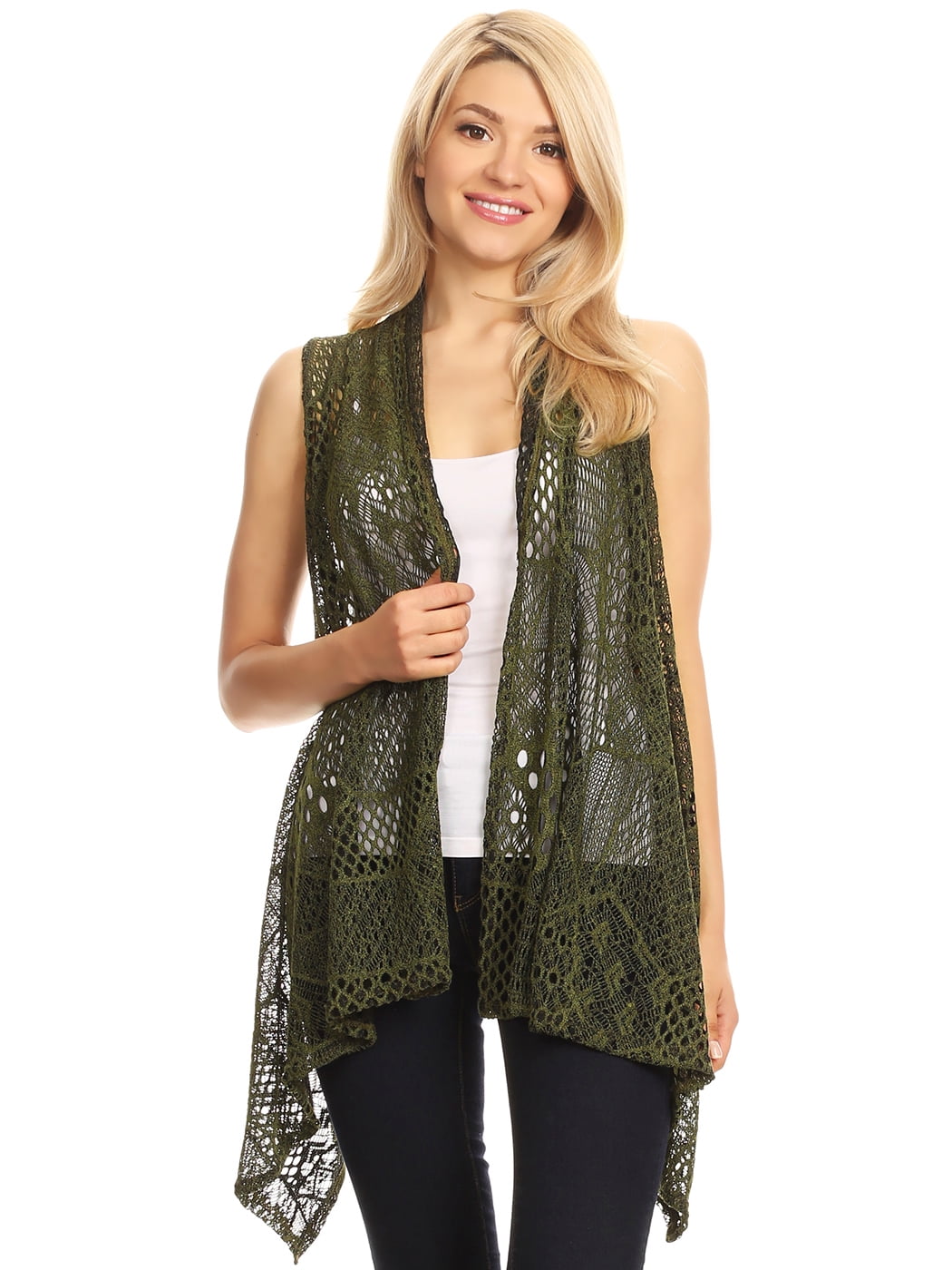 Womens Sleeveless Open Front Crochet 