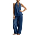 thumbnail image 2 of Uootdi Linen Sets for Women 2 Piece Asymmetrical Neck Sleeveless Blouse Tailored Palazzo Pants Chic Evening Matching Outfits, 2 of 7