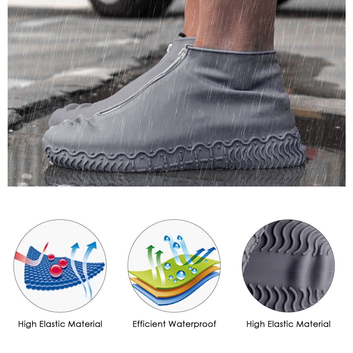 Rehomy Waterproof Shoe Covers Reusable Folding Not-Slip Silicone Rain Shoe Covers with Zipper Outdoor Shoe Protectors 1 Pair 