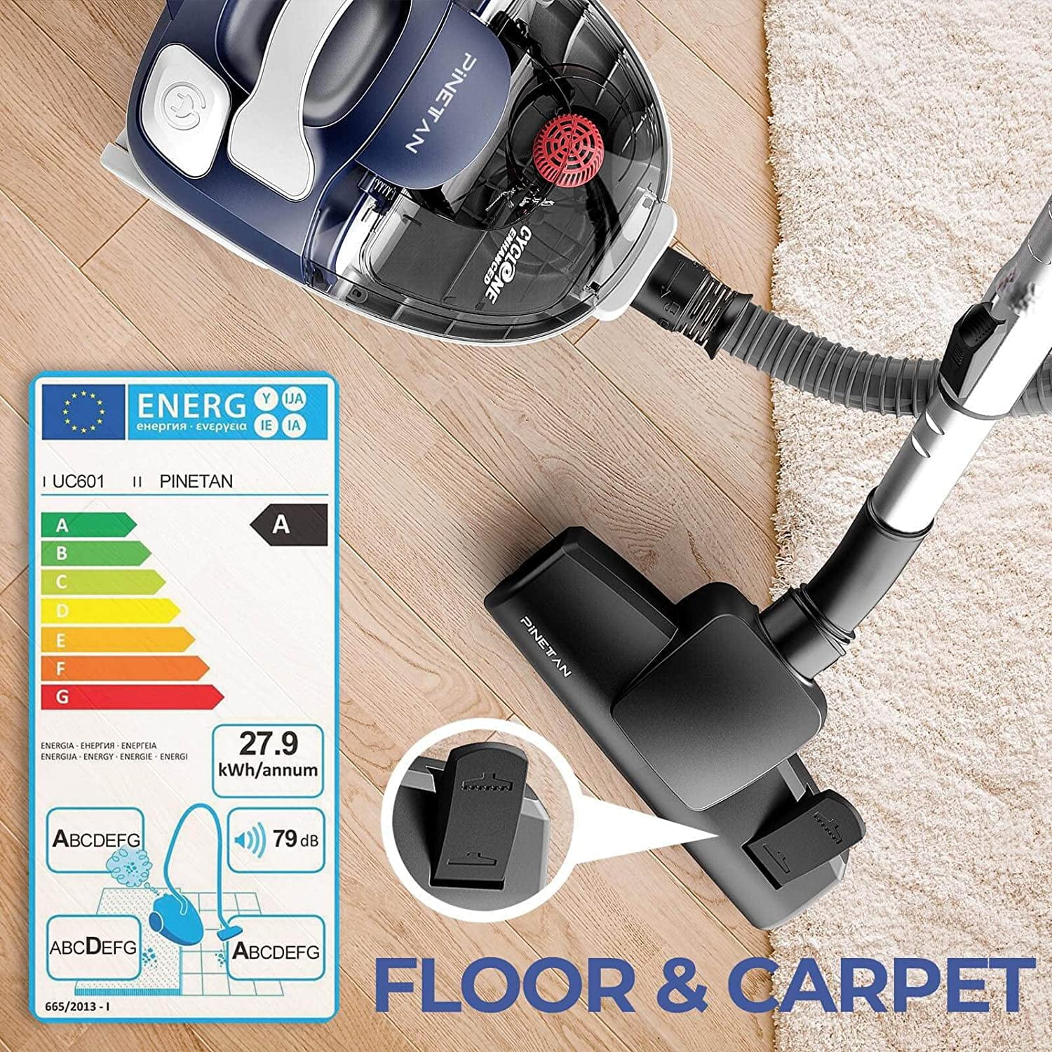PINETAN Bagless Canister Vacuum Cleaner, with Double HEPA Filtration, Lightweight Design & Powerful Suction, Multi-Surface Cleaning Nozzle and Automatic Cord Rewind - Ocean Blue, UC601