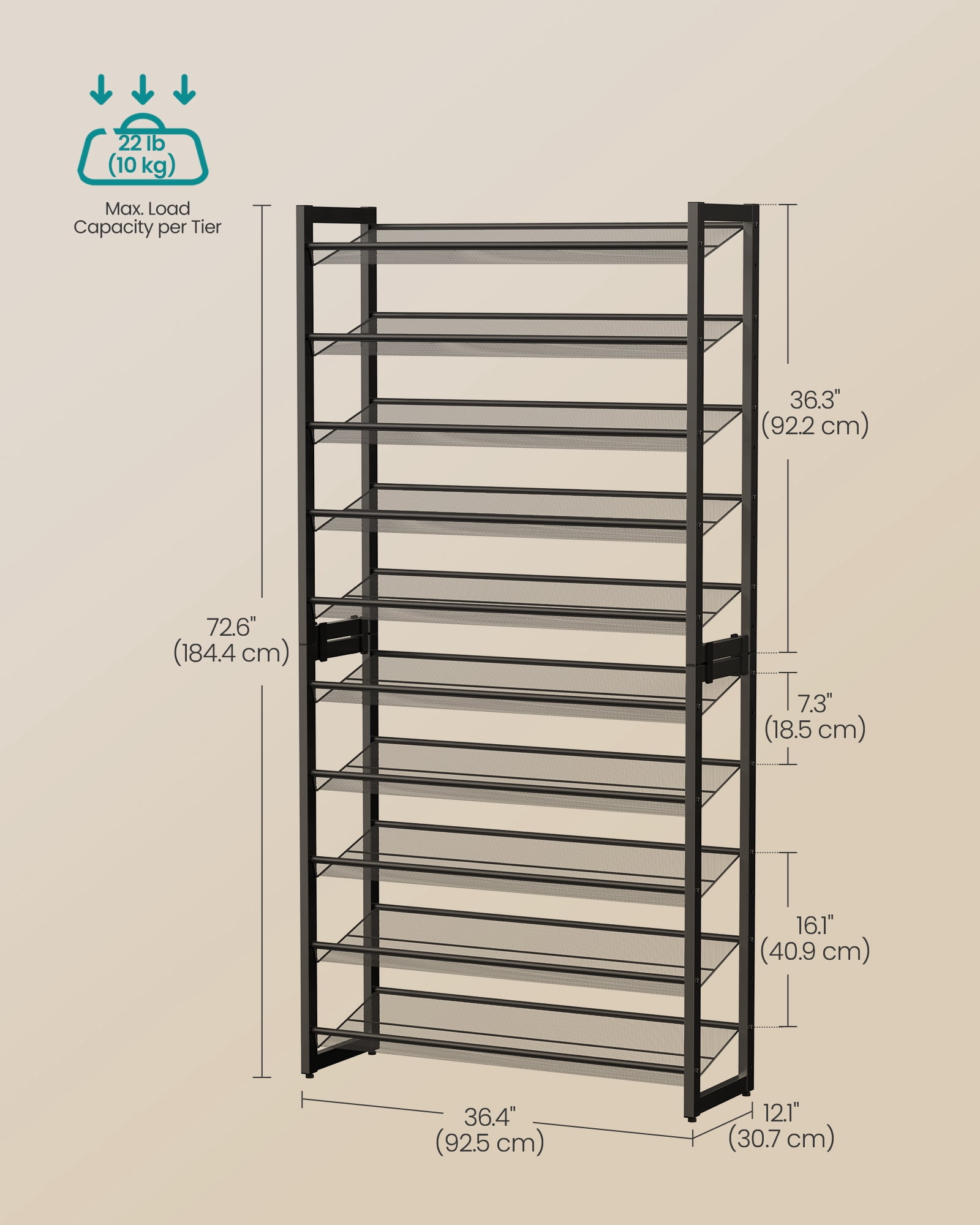 10-Tier Metal Shoe Rack, Stackable Shoe Shelf Organizer with Adjustable Flat/Angled Shelves, Holds 40-50 Pairs, Black
