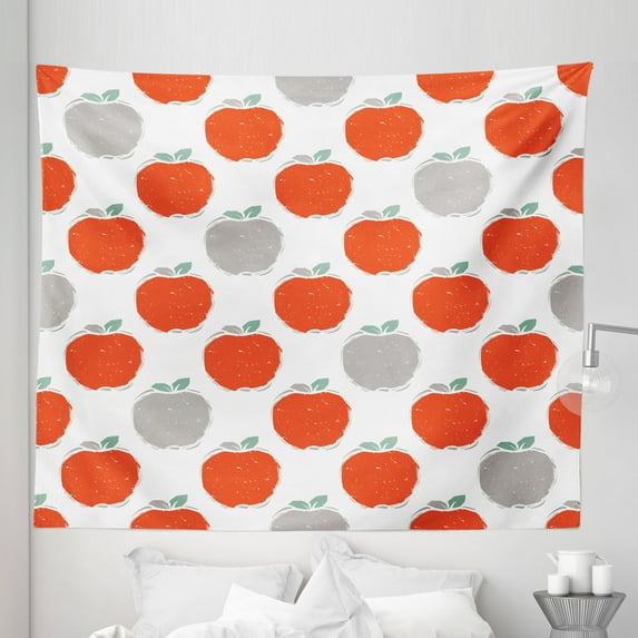 Fruits Tapestry, Doodle Style Fruit Silhouettes Healthy Apple Sketches Agriculture, Fabric Wall Hanging Decor for Bedroom Living Room Dorm, 5 Sizes, Scarlet Pale Grey Teal, by Ambesonne