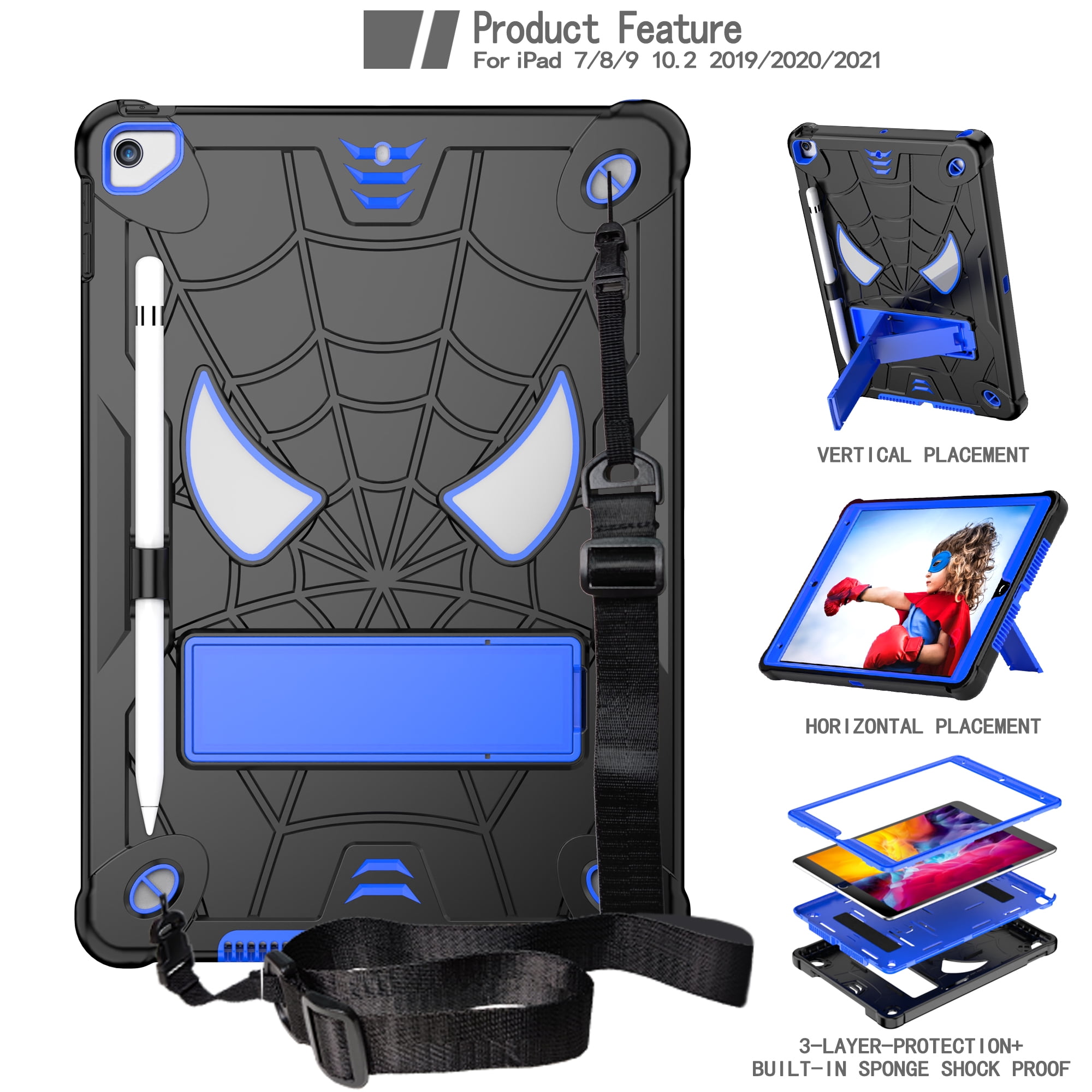 ELEHOLD Kids Case for iPad 9th/8th/7th Gen 10.2" 2021/2020/2019, Heavy Duty Rugged Cover with Foldable Kickstand Crossbody Shoulder Strap Pencil Holder Shockproof Case for iPad 10.2",Black+Blue