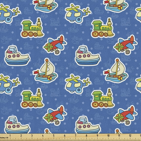 Plane Fabric by the Yard, Toys Pattern Train Sail Boat Airplane Playroom Art Design, Upholstery Fabric for Dining Chairs Home Decor Accents, 5 Yards, Violet Blue Yellow by Ambesonne