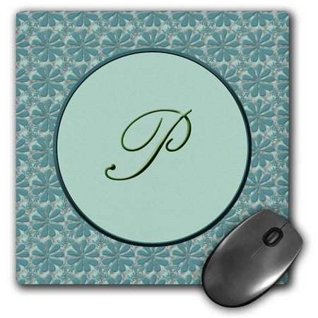 3dRose Elegant letter P in a round frame surrounded by a floral pattern all in teal green monotones, Mouse Pad, 8 by 8 inches