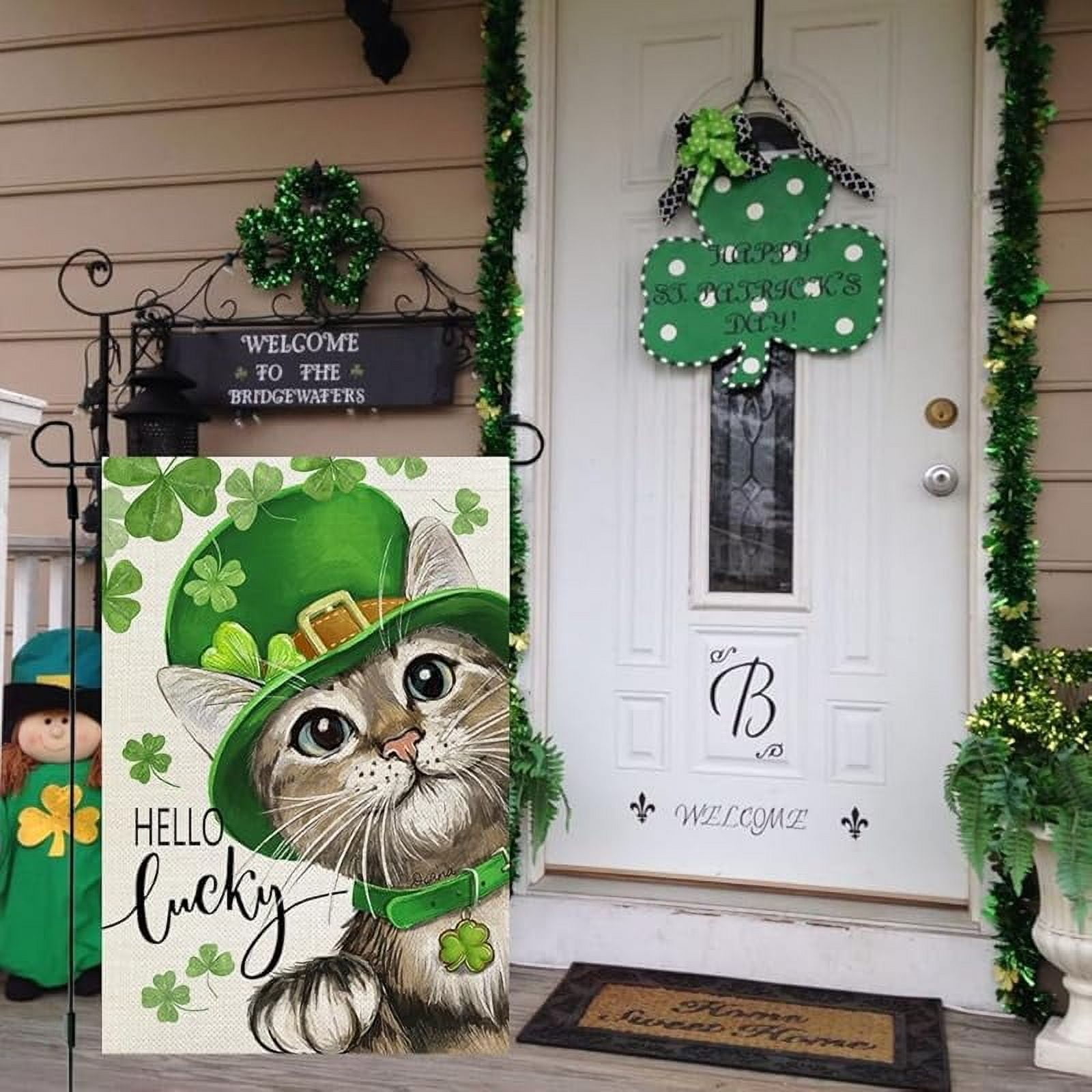 St Patricks Day Cat House Flag Double Sided Large Burlap Holiday Flag for Outside Yard