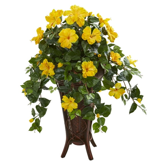 Nearly Natural 34" Plastic Hibiscus Artificial Plant in Planter, Yellow