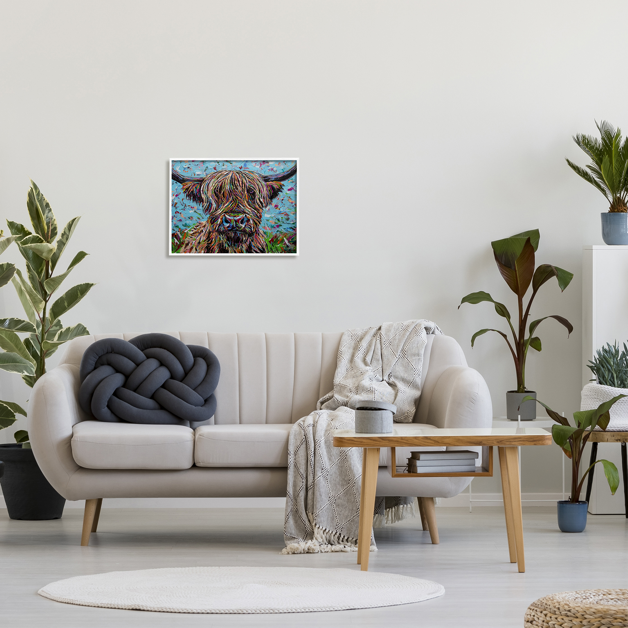 Stupell Industries Highland Cattle Cow Layered Flecked Abstract Portrait Painting White Framed Art Print Wall Art, Design by Carolee Vitaletti