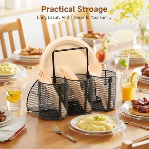 Metal Utensil Caddy Silverware Holder, Paper Plate Holder Cutlery Container,Plate Organizer Flatware Storage Basket Party Camping Picnic Buffet RV BBQ Farmhouse Kitchen Countertop