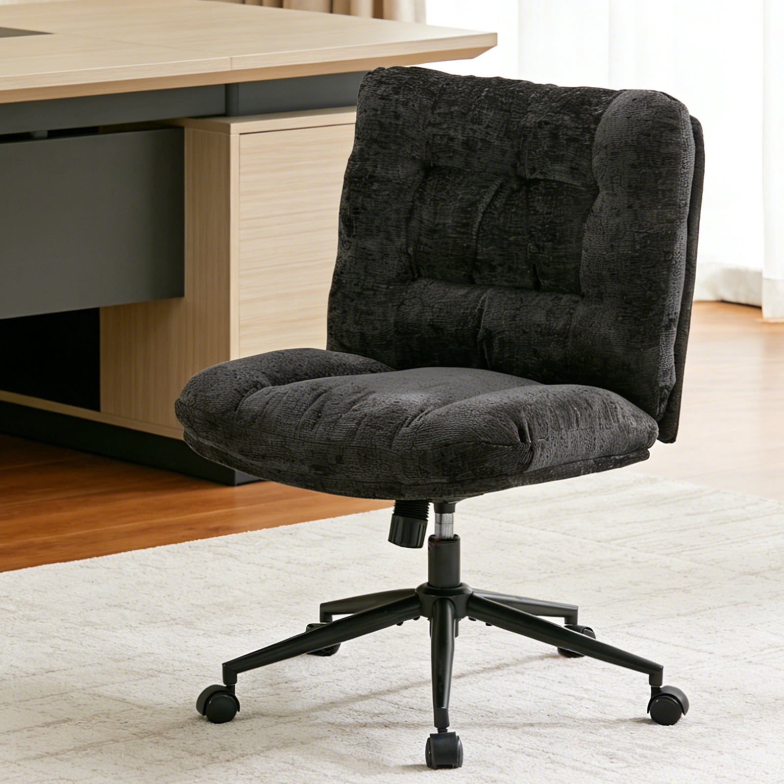 Soft Chenille Cross-Legged Office Chair,Wide Seat Armless Desk Chair with Double Cushion, Swivel Adjustable Vanity Chair for Bedroom, Home Office,Black, EliteEdge