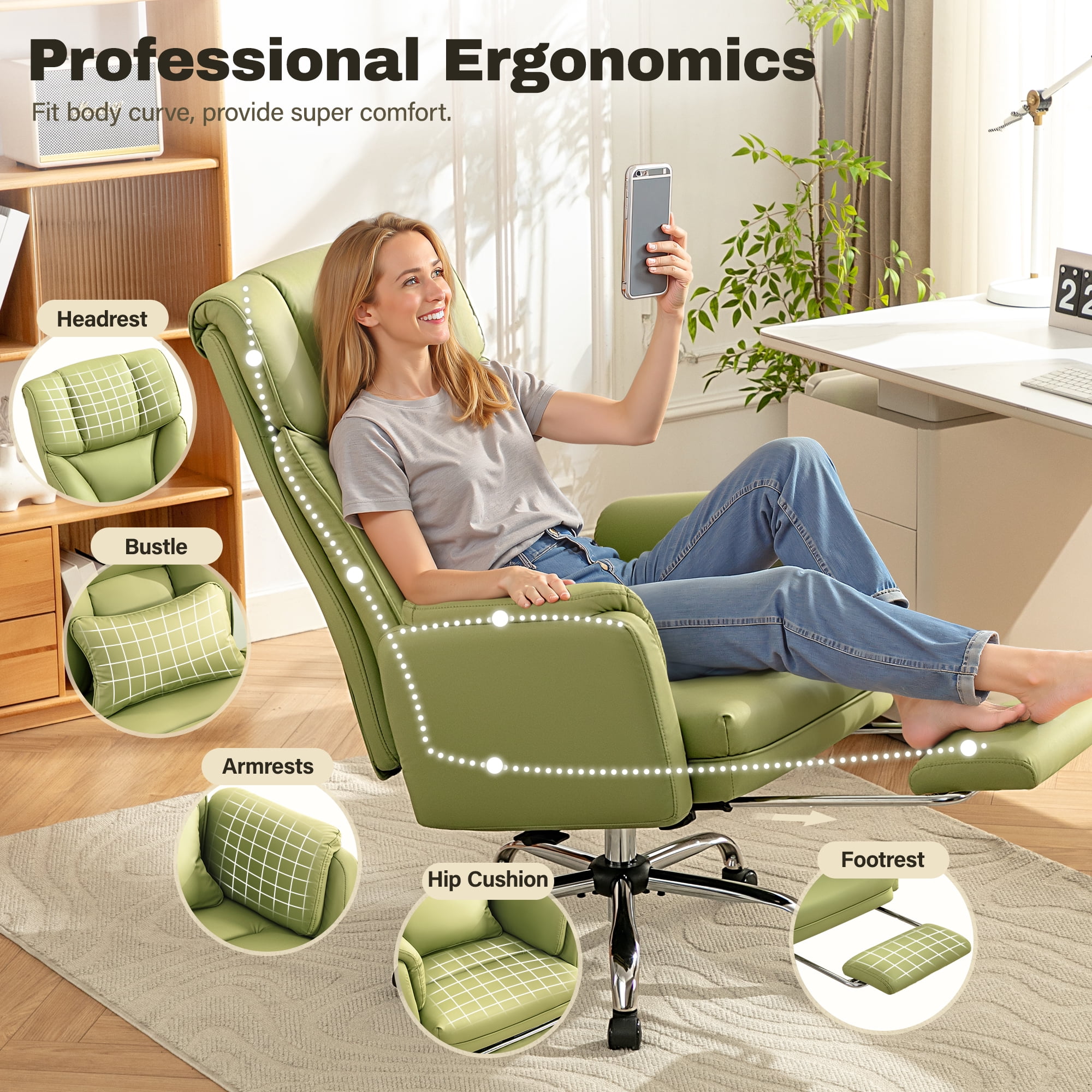 COOLHUT Big and Tall Office Chair, High Back Executive PU Leather Desk Chair with Footrest, Ergonomic Home Office Chair Computer Chair with Lumbar Support & Padded Armrest, Avocado Green