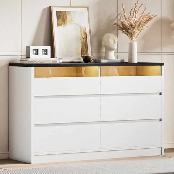 Vipuse Modern LED 6 Drawer Dresser for Bedroom, White Large Chest of Drawers with Hidden Handles, Long Double Wooden Dresser Closet for Living Room, Entryway, Hallway - White