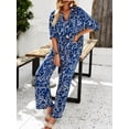 thumbnail image 5 of Womens Summer Print 2 Piece Pajama Sets Short Sleeve Button Down Outfit Long Pants Sleepwear Set Navy Blue M, 5 of 9
