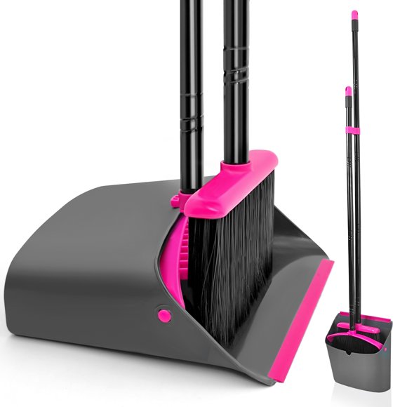 JEHONN Broom with Dust Pan with 54 inches Long Handle for Home (Rose Red)