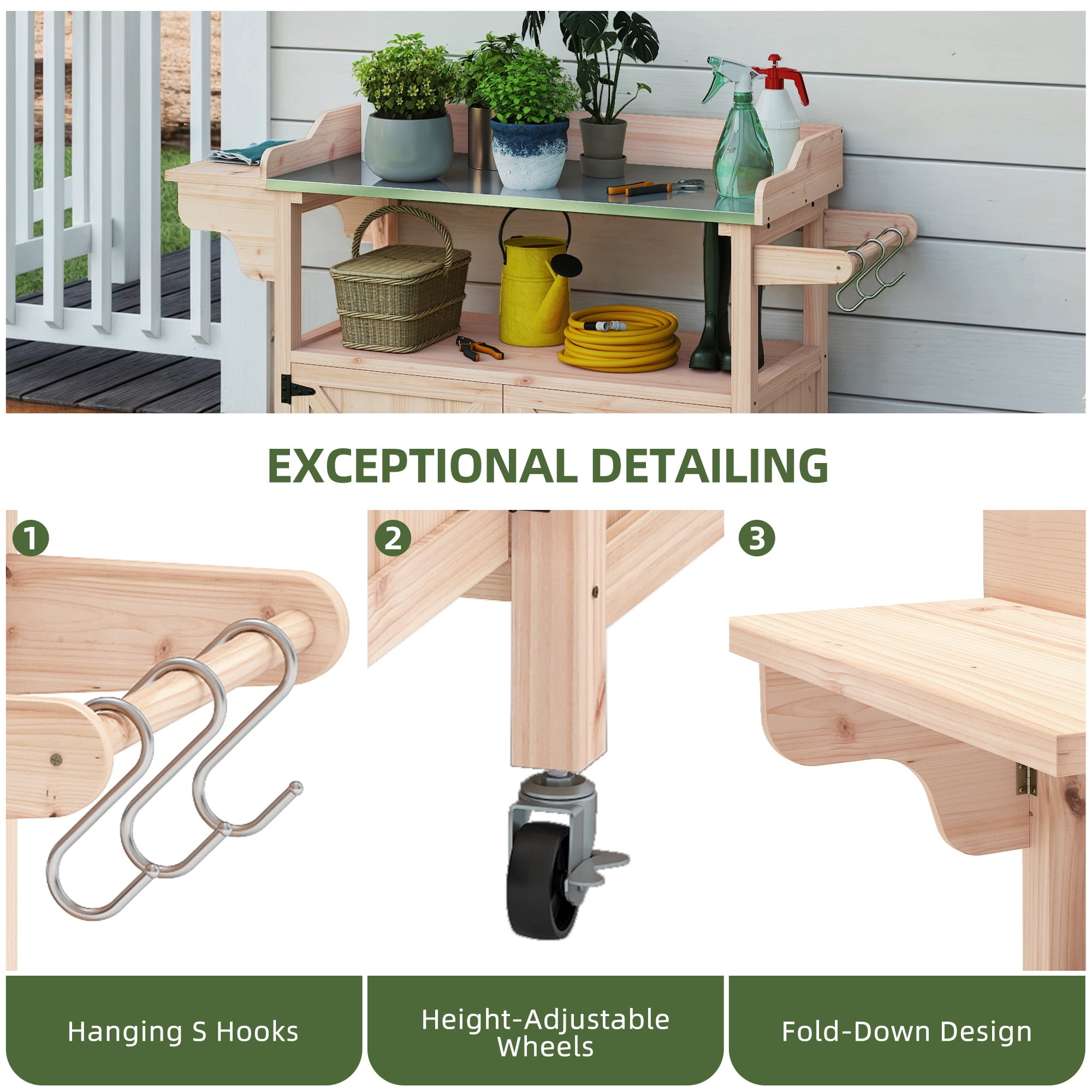 Uforic Outdoor Potting Bench Table, Planting Work Bench with Galvanized Metal Tabletop, Foldable Side Panel, 4 Casters, Adjustable Shelf, Garden Workstation for Patio/Backyard, Light Wood