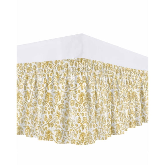 Vintage Wallpaper Bed Skirt Queen Size 18 Inch Drop, Yellow Leaf Flower Plants Texture Adjustable Elastic Dust Ruffles Bedskirt for Queen Bed Wrap Around Pleated Mattress Frame Cover