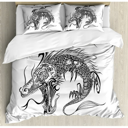 Japanese Dragon Duvet Cover Set, Monochrome Doodle Sketch Art Roaring Dangerous Monster Fantasy Mythology, Decorative Bedding Set with Pillow Shams, Black White, by