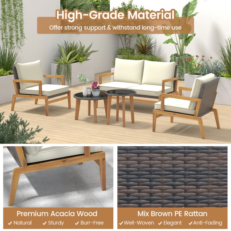 Aimee Lii 5 Pieces Rattan Furniture Set Wicker Woven Sofa Set with 2 Glass Coffee Tables, Outdoor Patio Set, Off White Aimee Lii 5 Pieces Rattan Furniture Set Wicker Woven Sofa Set with 2 Glass Coffee Tables, Outdoor Patio Set, Off White