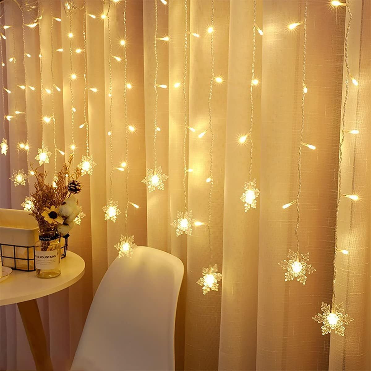 Christmas Snowflake Curtain String Lights, 11.5ft 96 LED Fairy Lights.Waterproof Lights Indoor Outdoor Xmas Decorations for Bedroom Party Patio Room Garden Home Xmas Tree Decorations (Warm White)