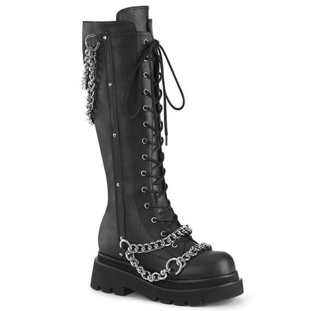 

Demonia RENEGADE-215 Women s 2 1/2 Tiered Platform Lace-Up Knee Hight Boots with Chains