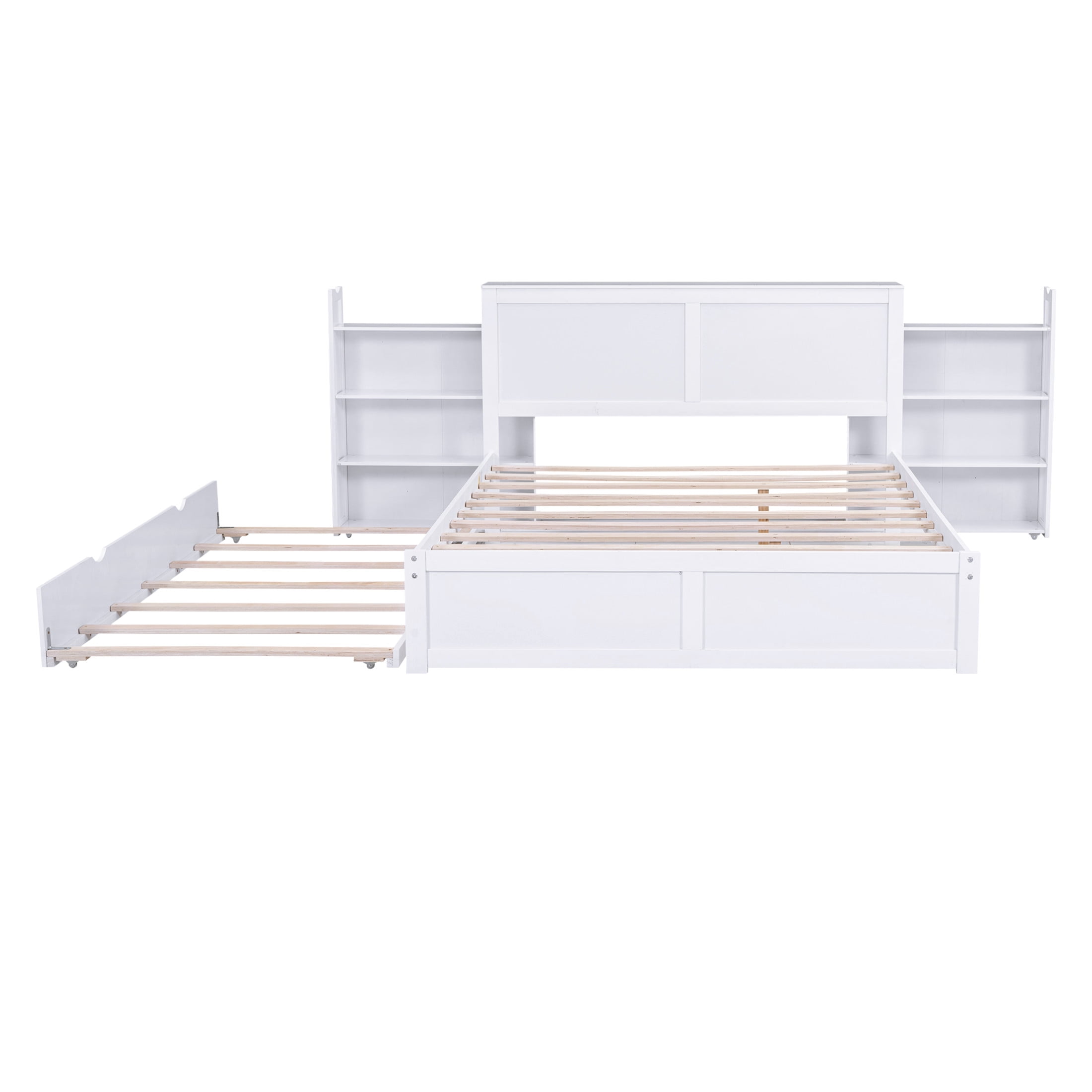 Noble House Fenfi Queen Size Storage Platform Bed with Pull Out Shelves and Twin Trundle, Solid Pine Wood Frame, White