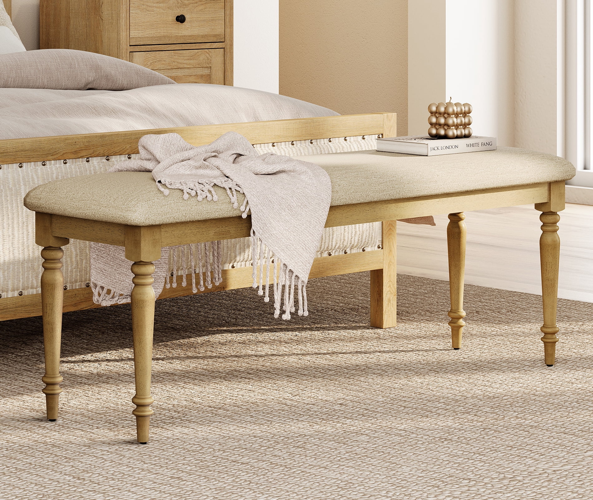 Dining Bench with Padded Seat, Farmhouse Bench Upholstered End of Bed Benches for Bedroom, Wooden Bench for Kithcen, Oak