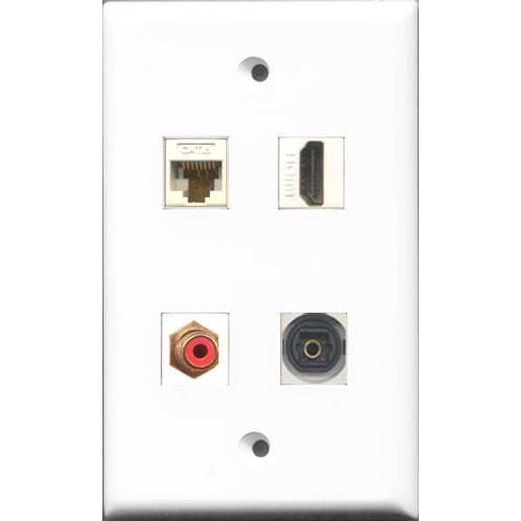 RiteAV 1 Port HDMI and 1 Port RCA Red and 1 Port Toslink and 1 Port Cat6 Ethernet White Wall Plate
