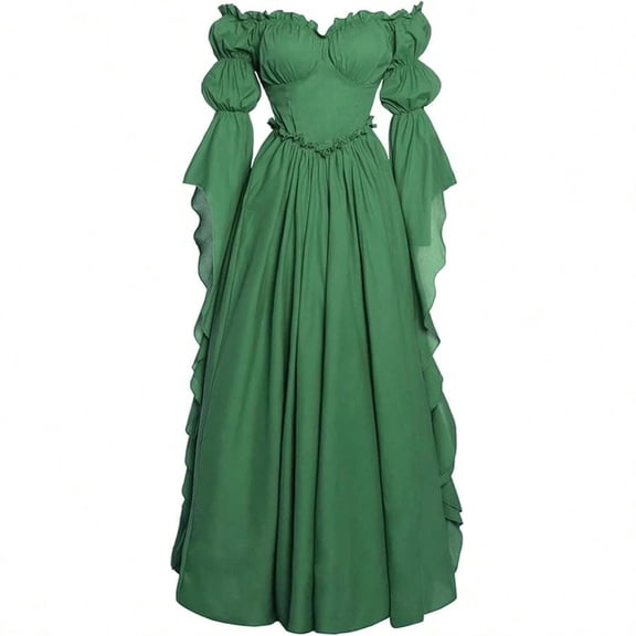 ersvoioy Womens Gothic Renaissance Ball Gown Off Shoulder Puff Sleeve Corset Fit and Flare Maxi Dress Ruffle Trim Soft Fabric for Halloween Party Masquerade Costume Wedding and Vacation Events