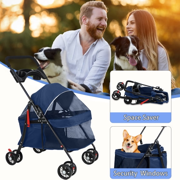 cbehtwi 4-Wheel Folding Pet Stroller – Breathable Mesh Cup Holder Travel Cage for Small Dogs & Cats