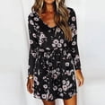 thumbnail image 2 of Vestido de manga larga con cuello redondo Mangas largas Vestido corto con cinturón y estampado de moda suelto con 2 bolsillos para vacaciones Negro M, 2 of 6