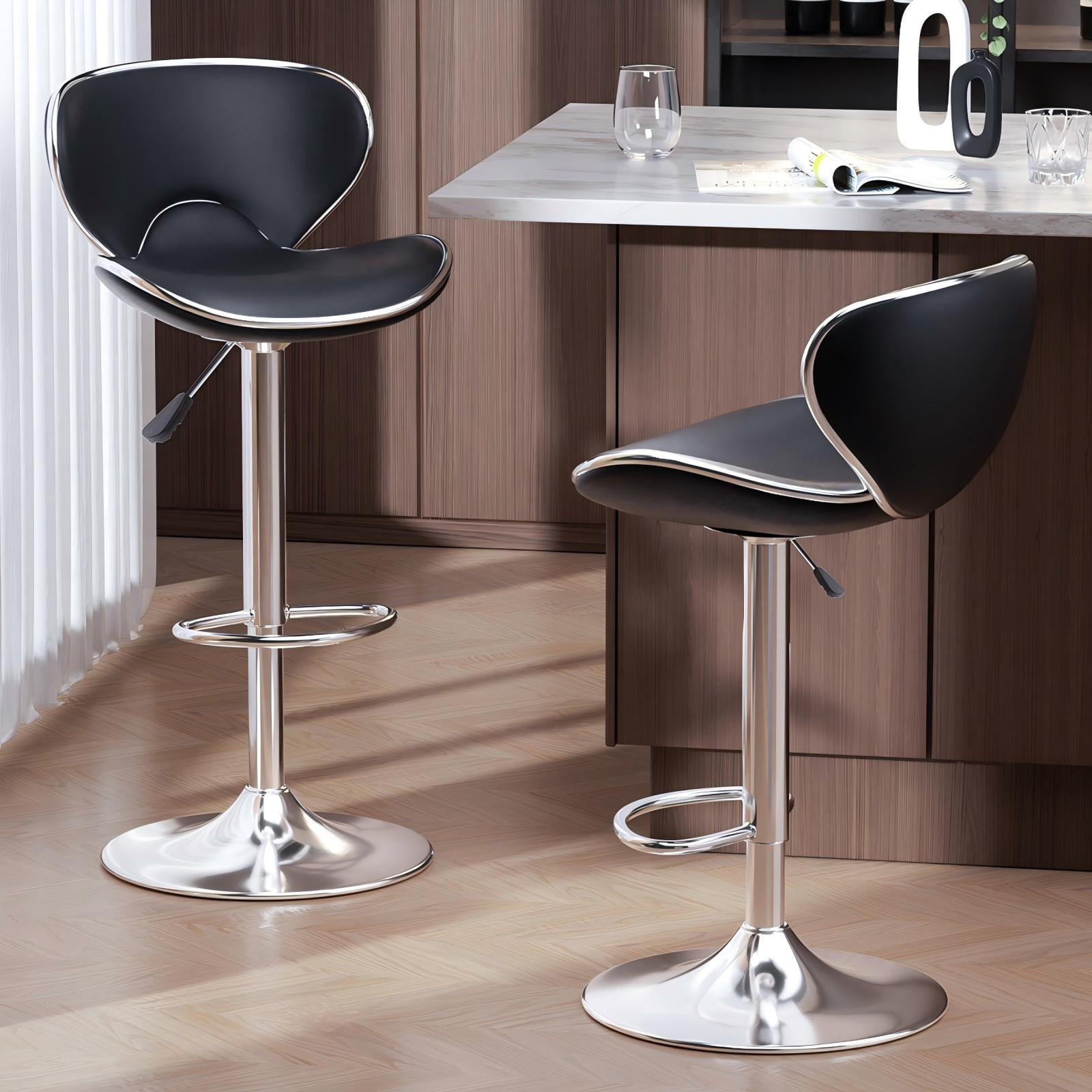 Bar Stools Set of 2, Adjustable Swivel Barstools, Modern PU Leather Counter Height Stools with Back and Footrest for Island, Dining, Bistro, Pub (Black/Silver Base)