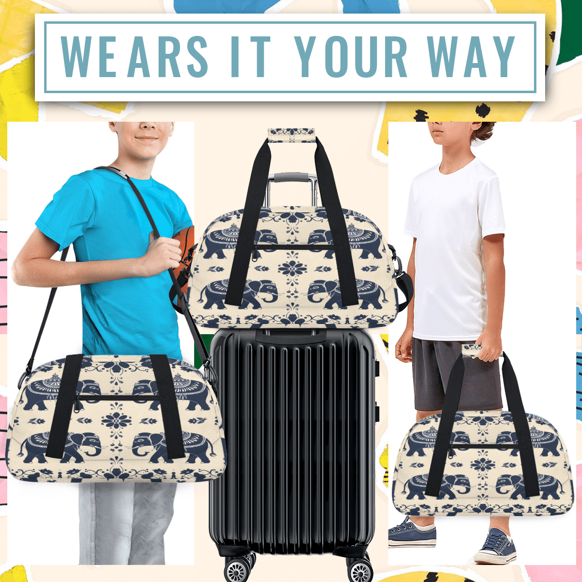 Herdesigns Elephant Sports Duffle Bag for Women & Men, Animal Print Gym Bag Dance Bag Overnight Bag Carry On Weekender Travel Bag