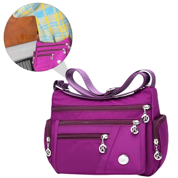 RENACLIPY 1Pc Waterproof Purple Nylon Cross Body Shoulder Bag Multi Layer Storage Bag for Travel Work and Shopping