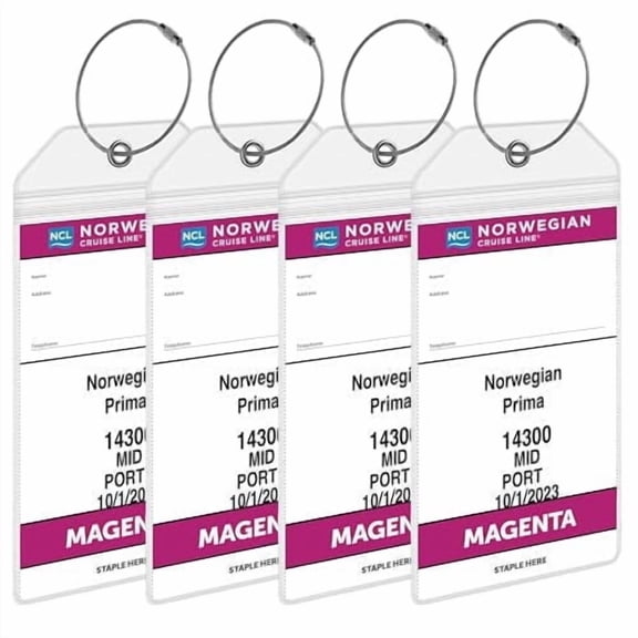Luggage Tag Holders [4 Pack] – Waterproof, Durable Plastic with Steel Loops – Fits All Norwegian (NCL) Ships for Cruising in 2026, 2027 and 2028