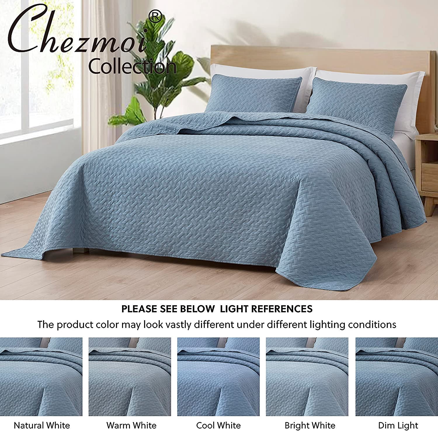 Chezmoi Collection Randall 3-Piece Soft Cooling Bamboo Fiber Quilt Bedspread Basketweave Quilted Coverlet Set (King, Blue)