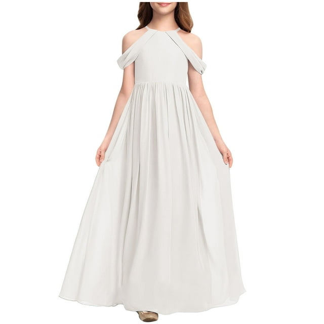 Ashirexll Robes Filles Sans Manches Col Rond Couleur Unie Robe en Tissu Chiffon Longueur Longue Blanc 4-5 Ans