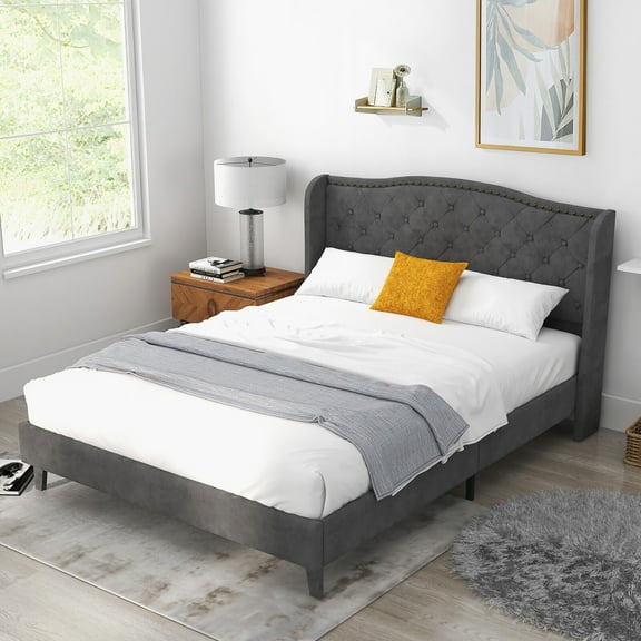 Gymax Queen Upholstered Platform Bed Frame w/ Button Tufted Headboard Noise-free