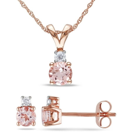 Tangelo 1-1/5 Carat T.G.W. Morganite and 1/10 Carat T.W. Diamond 10kt Rose Gold Two-Stone Pendant and Stud Earrings Set, 17