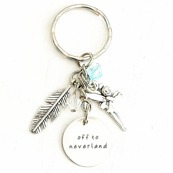 Off to Neverland Peter Pan Tinker Bell Silver Charm Keychain Gift of Love | Tinkerbell Merchandise and Accessories for Women