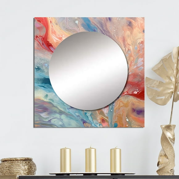 Designart "Luminous Liquids in Blue and Pink I" Abstract Square Mirror For Wall Decor - Large Blue Square Mirror Printed Wall Decor - Transitional Square Living Room Mirror