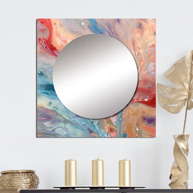 Designart "Luminous Liquids in Blue and Pink I" Abstract Square Mirror For Wall Decor - Large Blue Square Mirror Printed Wall Decor - Transitional Square Living Room Mirror