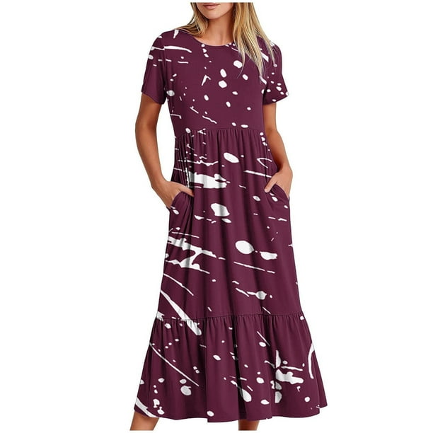 Vestido de Manga Corta para Mujeres Vestido de Verano de Cuello Redondo Impreso, Poliéster de Tamaño Verdadero Diario Y Vestido de Fiesta